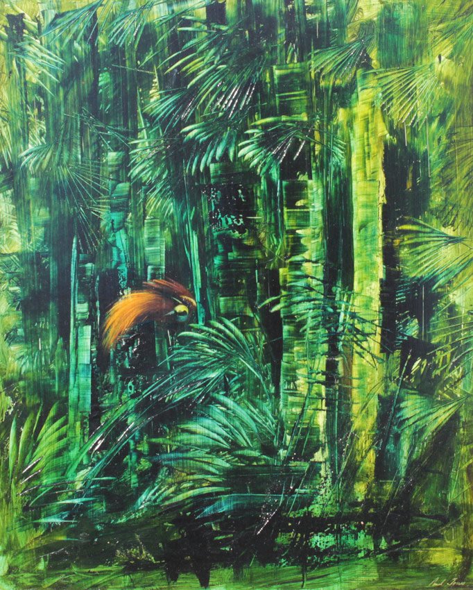 PAUL JONES NEW ZEALAND PAINTING BIRD OF PARADISE: JONES, Paul, (Australian, 1921-1998): ''Bird of Paradise in Jungle'', Oil/Masonite, 24'' x 20'', signed lower right, framed 31'' x 26 1/2''.