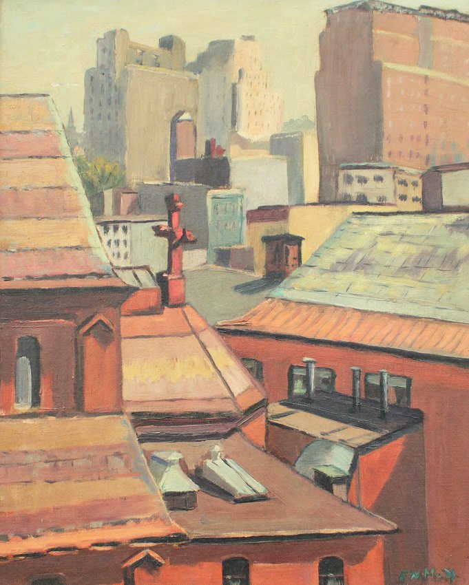EVELYN MOTT CAPE COD PAINTING "THE CROSS": MOTT, Evelyn, (American, 20th Century): "The Cross", Depicts a Roof Top Crucifix among the City Rooftops and Buildings, Oil/Canvas board, 20" x 16", signed lower right, titled verso with Artist's orig