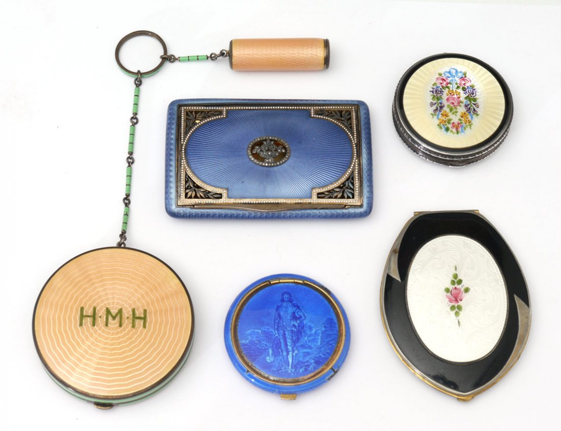 5 PC GUILLOCHE ENAMEL COMPACTS INCL STERLING: 5 GUILLOCHE ENAMEL COMPACTS & CARD HOLDER: 5 pieces total to include 1) 10k white gold circular compact with floral motif over ivory color ground. 2 1/8'' dia. 2) ''Blue Boy'' motif compact with blue 