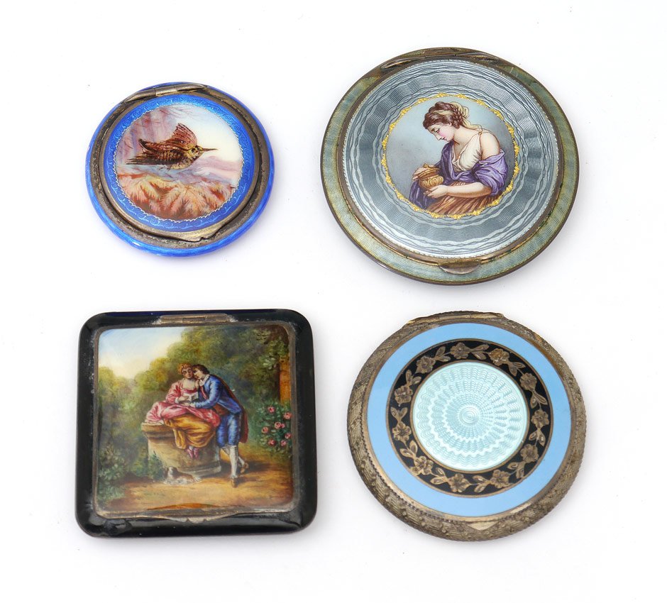 4 GUILLOCHE ENAMEL COMPACTS: 4 GUILLOCHE ENAMEL COMPACTS: 4 pieces total to include 1) Austrian sterling with image of Greek maiden holding vessel on lid. Marked interior. 2 1/2'' dia. 2) Austrian sterling with image of outdoor l
