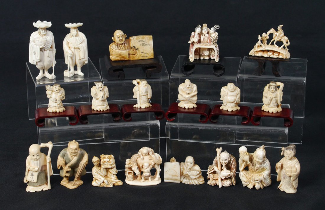 19 PIECE COLLECTION OF CARVED IVORY FIGURES: 19 PIECE COLLECTION OF CARVED IVORY FIGURES: To include 13 netsuke and 6 okimono of various figures and motifs. Several signed. Tallest 2 1/2'' h. Sold with 9 assorted stands.