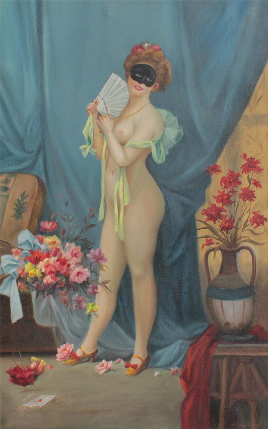NADOR ERNO BLUE MASQUERADE PAINTING: ERNO, Nador A., (Hungarian, 20th Century): Nude in Mask in front of a Blue Curtain Holding a Fan, Oil/Canvas, 31'' x 20'', signed lower right, gilded gesso frame with paint and minor wear, 43 1/2'' x 