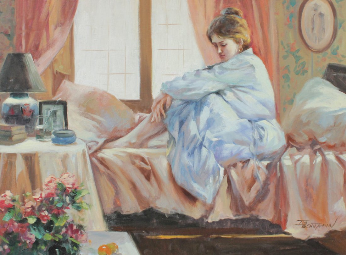 TIM BENJAMIN SEATED WOMAN PAINTING: BENJAMIN, TIM, (American, 20th C.): Pensive Young Woman Seated on a Bed, Oil/Canvas, 30" x 40", signed lower right, encased in carved gilded and ebonized frame with wear, 40 1/2" x 51".