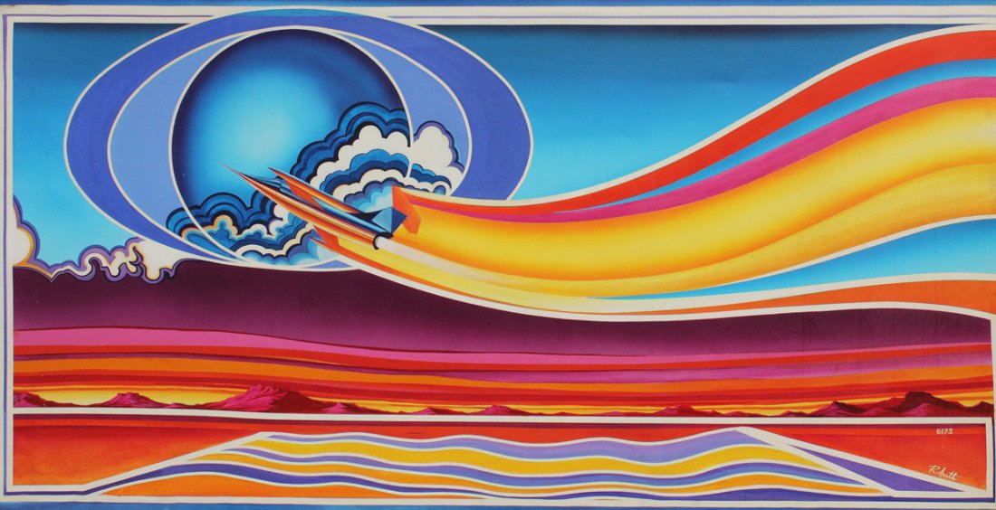 ROBERT AUTH PAINTING NUVISTA6173 1973: AUTH, Robert, (American, 1926-2011): ''Nuvista6173'', Oil/Canvas, 42'' x 81 1/4'', signed lower right, marked 6173, unframed. This painting is included in Auth's illustrated memoirs ''Francie's Camera