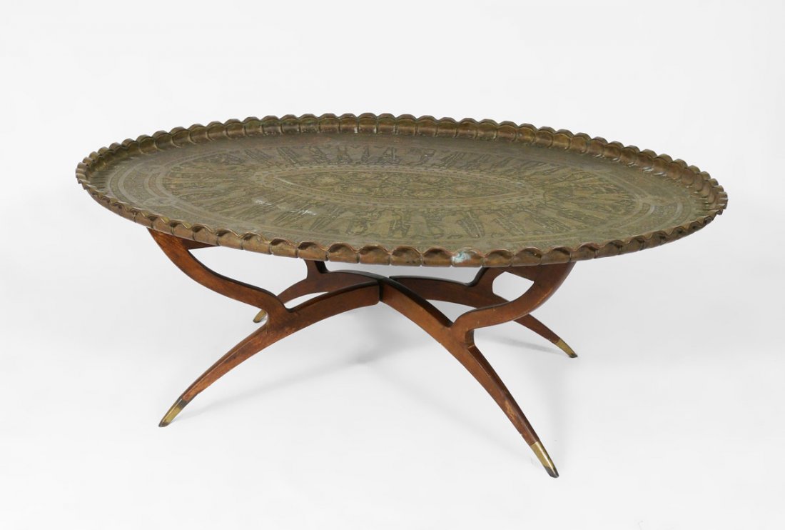 MIDDLE EASTERN EMBOSSED BRASS TRAY TABLE