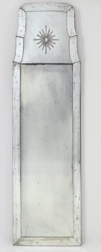 OBLONG VENETIAN ETCHED GLASS MIRROR: OBLONG VENETIAN ETCHED GLASS MIRROR: Rosette under glass top panel, 66 3/4" x 20"
