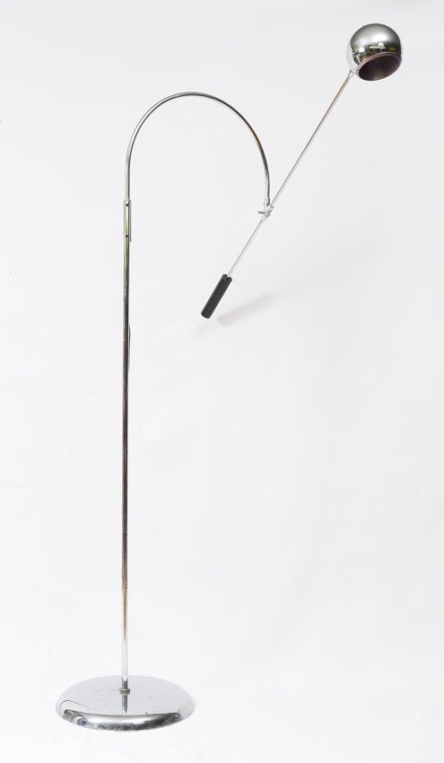 ROBERT SONNEMAN ORBITER CHROME FLOOR LAMP: ROBERT SONNEMAN ORBITER CHROME FLOOR LAMP: Chrome base and body with adjustable arm. Overall 66" h. x 47" x 13 1/2".