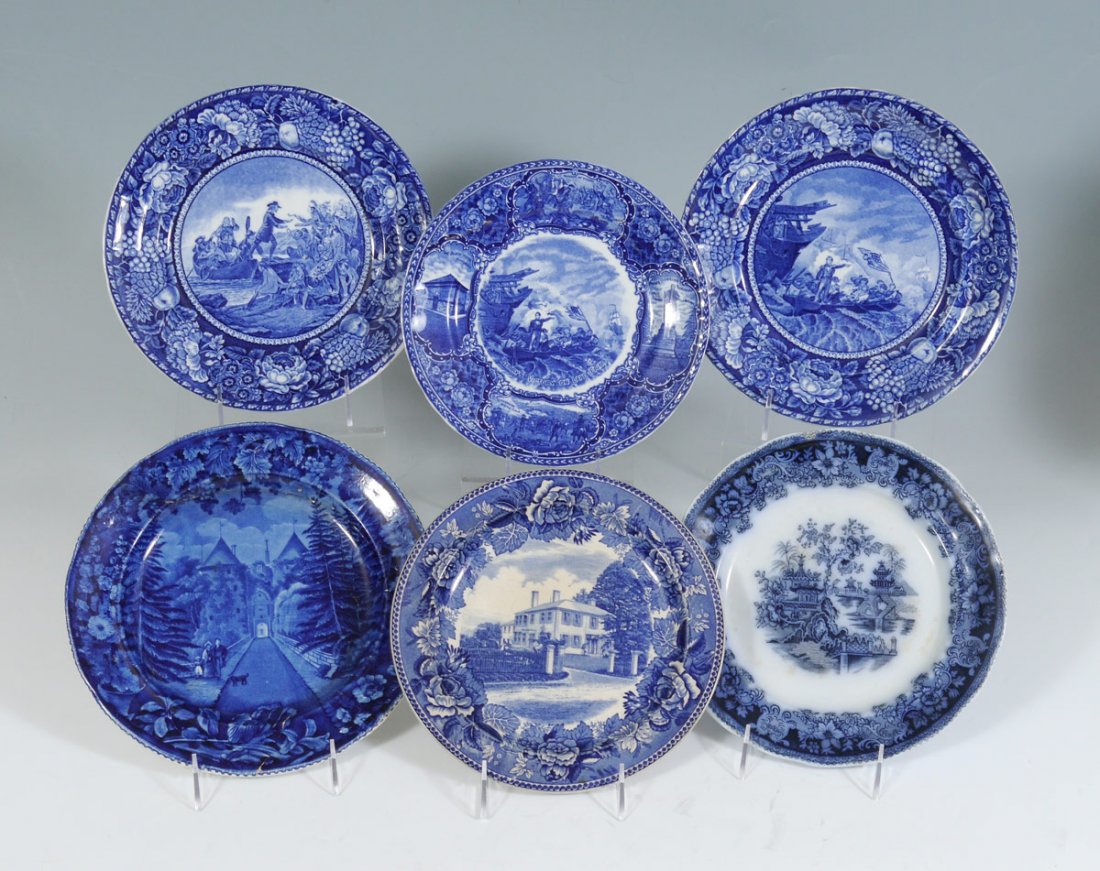 STAFFORDSHIRE HISTORICAL BLUE PLATES: 5 STAFFORDSHIRE HISTORICAL BLUE PLATES: 1) Wedgwood home of Ralph Waldo Emerson, 9 1/8". 2) Wood & Sons image of La Grange, the residence of Marquise Lafayette, 10 1/8",5 staple repairs. 3) Rowland & 