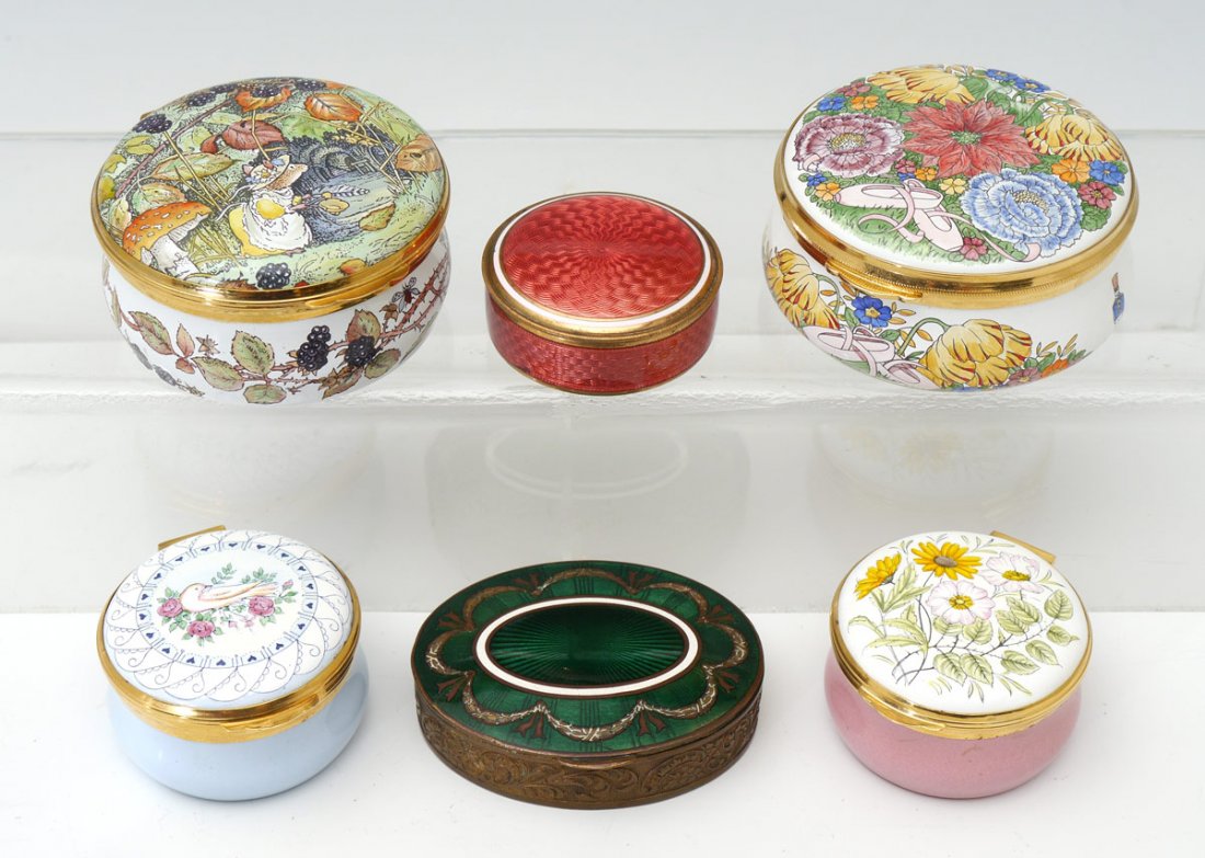 6 ENGLISH ENAMEL BOXES: 6 ENGLISH ENAMEL BOXES: Makers to include Staffordshire Enamels, Atasha Tudor, Crummels, a French art metal guilloche box and unmarked guilloche box. Largest 1 1/4" h. x 2 3/8".