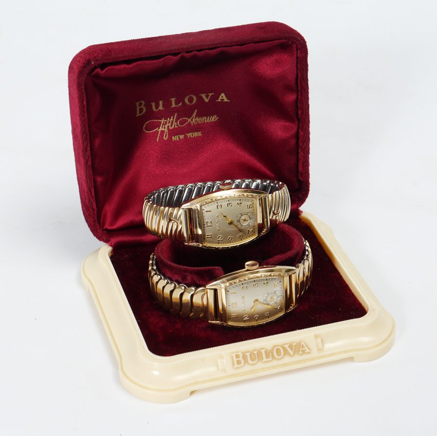 TWO VINTAGE BULOVA WRIST WATCH: TWO VINTAGE BULOVA WRIST WATCH: 1)Movement 10BC (1944-1950), J9=1949, 15 Jewel, unadjusted, 10k rolled gold case, Flex Lets rolled gold spandex band, with original box. 2)Movement 10BC (1944-1950), L0
