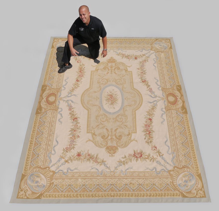 FRENCH DESIGN HANDWOVEN CHINESE NEEDLEPOINT CARPET: FRENCH DESIGN HANDWOVEN CHINESE NEEDLEPOINT CARPET, 12' x 8'10": Lovely ivory field with ribbons and flowers.