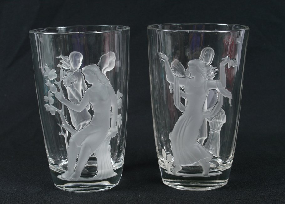 TWO ART DECO VERLYS "SEASONS" GLASS VASES: TWO VERLYS GLASS "SEASONS" ART DECO VASES: Designed by Carl Schmitz. One with figures celebrating summer and winter, the other autumn and spring. 8 1/2" tall.