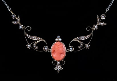 14K PLAT 19TH CENTURY CORAL/SEED PEARL NECKLACE