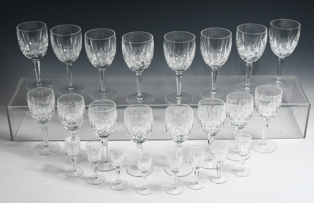 24 PC. WATERFORD "KILDARE" CRYSTAL STEMWARE: 24 PC. WATERFORD "KILDARE" CRYSTAL STEMWARE: Comprising; 8- Water Goblets, 8- Red Wine Glasses, & 8- Cordials. Original Receipt from 1977, purchased from Spritzer & Fuhrmann of Netherlands.