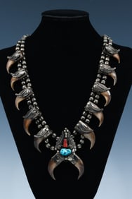 M. TSOSIE NAVAJO TURQUOISE & CORAL CLAW NECKLACE