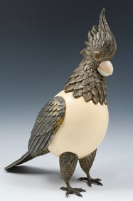 OSTRICH EGG & SILVER PLATED COCKATOO SCULPTURE