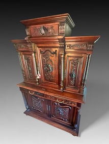 CARVED BELGIAN CUPBOARD SPIRAL TURNED COLUMNS