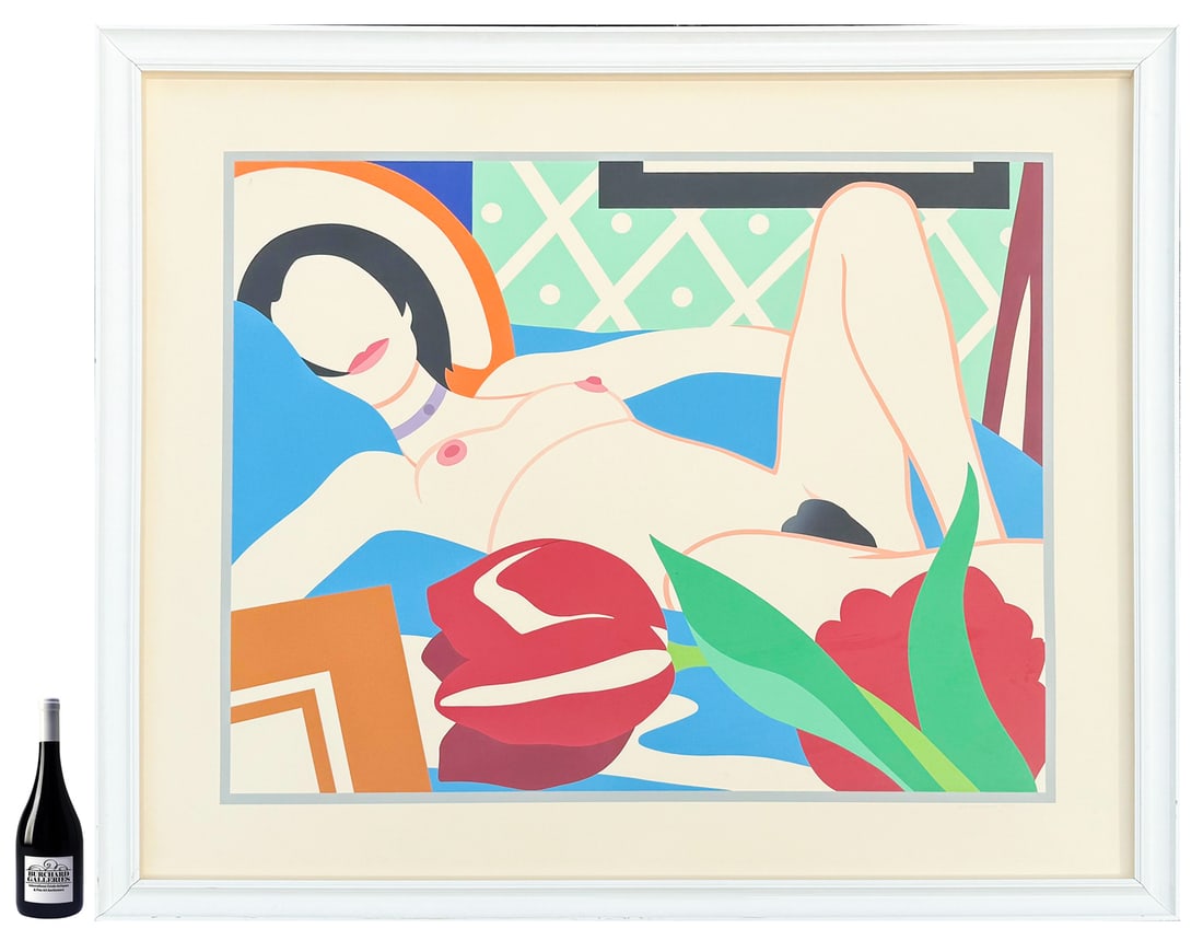 WESSELMANN SILKSCREEN "MONICA WITH TULIPS": WESSELMANN, Tom, (American, 1931-2004): "Monica with Tulips", Pop Art Reclining Nude Woman with Tulips in the Foreground, sight size, pencil signed lower right and numbered 23/100, framed, 48.75" x 57