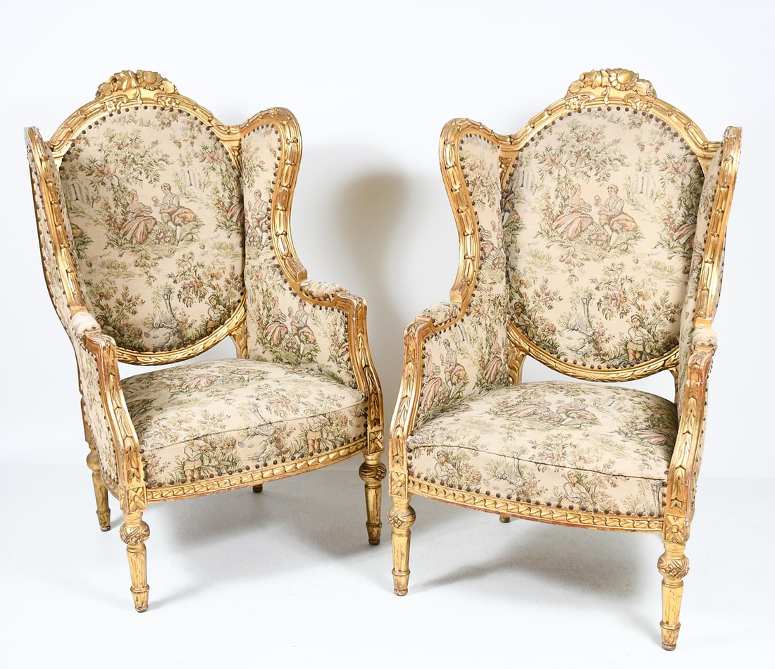 PR. FRENCH LOUIS XVI STYLE GILT WINGBACK CHAIRS (1 of 8)