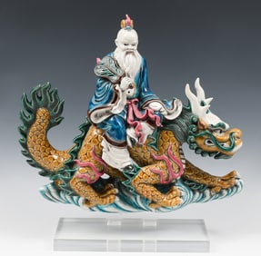 CHINESE POLYCHROME WARRIOR ON DRAGON ROOF TILE