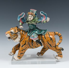 CHINESE POLYCHROME WARRIOR ON TIGER ROOF TILE