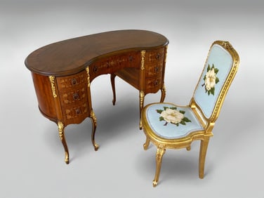 INLAID KIDNEY SHAPED DESK AND CHAIR