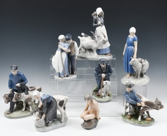 8 PC. ROYAL COPENHAGEN AND B & G PORCELAIN FIGURES
