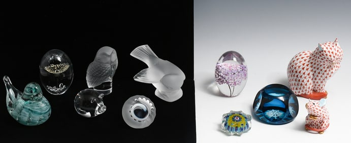 11 PC. PAPERWEIGHTS, LALIQUE, HEREND PORCELAIN