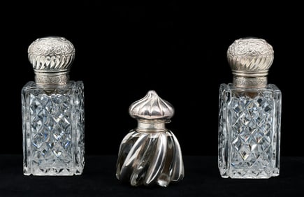 3 PC. SILVER MOUNTED DECANTERS & INKWELL