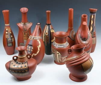 10 PC. GOM VIET ART DECO ENAMELED REDWARE VASES
