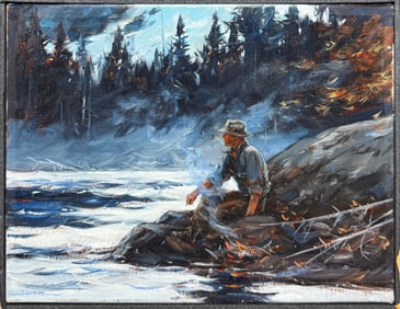 JOHN SWAN FISHERMAN BY THE CREEK CAMPFIRE PAINTING