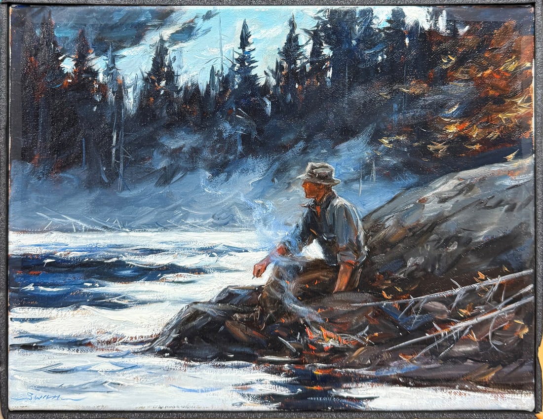 JOHN SWAN FISHERMAN BY THE CREEK CAMPFIRE PAINTING: SWAN, John, (American, b. 1948): Fisherman Cooking his Catch by the River, Oil/Canvas, 11” x 14”, signed lower left, also signed verso and dated ’18, thin-edge wood frame, 11.5” x