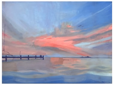 LARGE ILLEGIBLY SIGNED PINK CLOUD SUNSET PAINTING