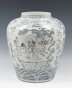 CHINESE EIGHT IMMORTAL BLUE & WHITE PORCELAIN JAR