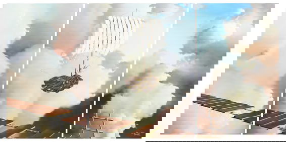 LARGE TRIPTYCH SURREAL FLOATING BOAT FAUST