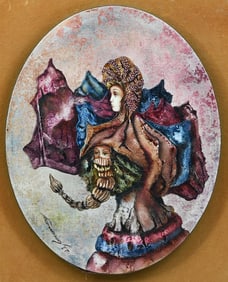MEXICAN SURREALIST PAINTING OF A CAPED WOMAN