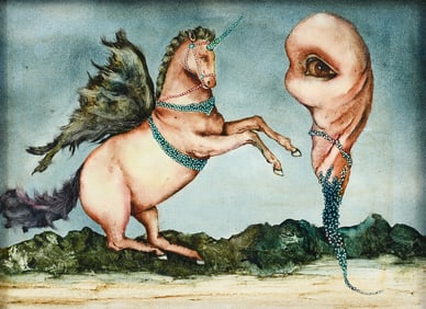 MEXICAN SURREALIST PAINTING "ENCUENTRO INSOLITO"