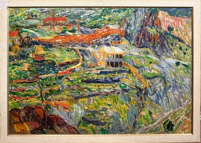 ILLEGIBLY SIGNED VILLAGE LANDSCAPE PAINTING
