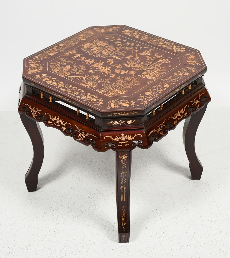 INTRICATELY INLAID CHINESE FIGURAL LOW TABLE: INTRICATELY INLAID CHINESE FIGURAL LOW TABLE: A lovely inlaid Chinese parlor table. Measures 18" x 19" x 19".