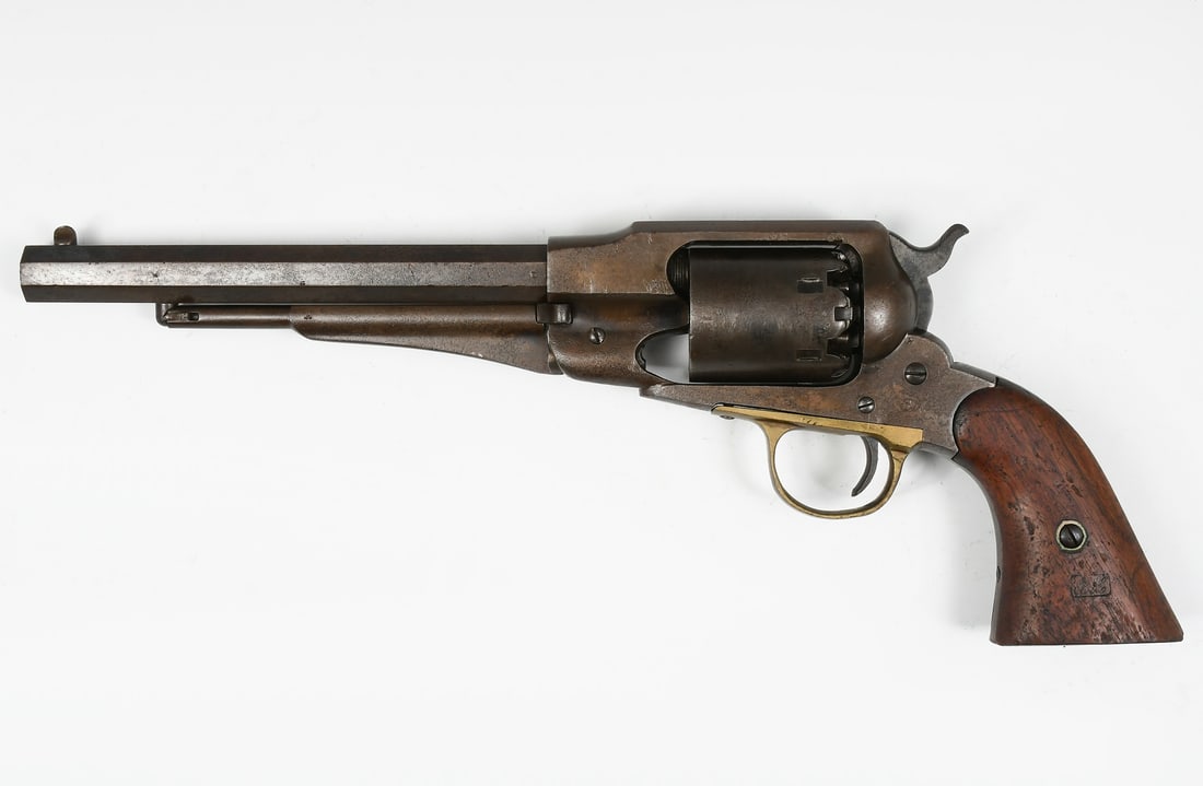 REMINGTON NEW MODEL ARMY PERCUSSION PISTOL: REMINGTON NEW MODEL ARMY PERCUSSION PISTOL: Old-school Remington percussion cap pistol. Stamped "E. Remington & Cons.Ilion New York U.S. - New Model" along the top of the barrel. Measures 13.5" in len