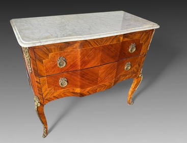 INLAID FRENCH 2- DRAWER MARBLE TOP COMMODE
