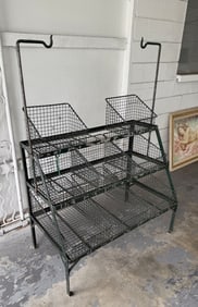ANTIQUE WIRE PRODUCE STAND DISPLAY W/ SCALE HOOKS