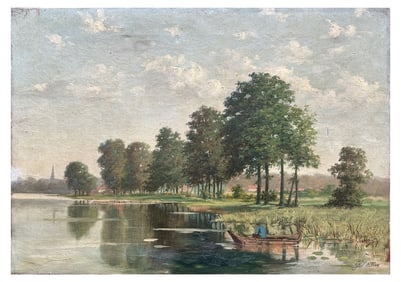 LAUTERS DUTCH CANAL PAINTING WITH FISHERMEN