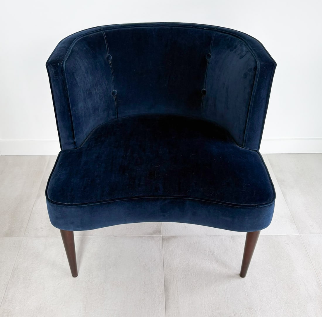 INDIGO ROOM & BOARD CHLOE CHAIR: INDIGO ROOM & BOARD CHLOE CHAIR: Chloe Chair by Room & Board. Upholstered in a Vance Indigo Velvet fabric. The curved, button-tufted back of this small-scale accent chair offers surprising comfort. Ap