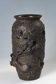 SIGNED MEIJI JAPANESE BRONZE DRAGON VASE