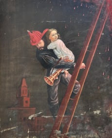 LATE 19TH/EARLY 20TH CENTURY FIREMAN RESCUE PAINTING