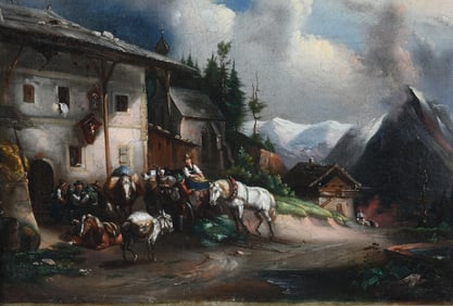 19TH CENTURY BAVARIAN VILLAGE GENRE PAINTING