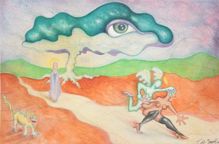 ILLEGIBLY SIGNED SURREAL WATERCOLOR PAINTING
