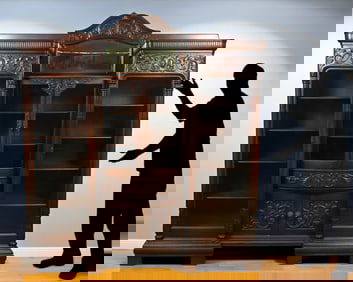 ANTIQUE HIGHLY CARVED MAHOGANY 3-SECTION BOOKCASE