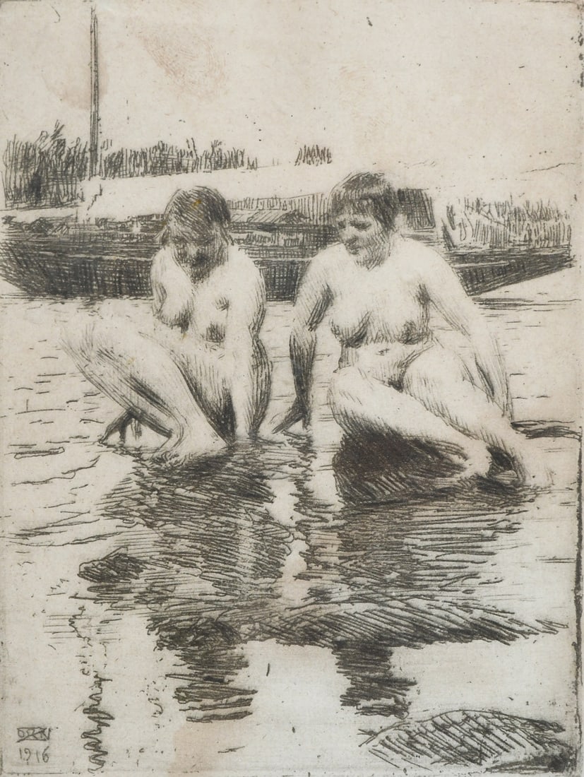 ANDERS ZORN ETCHING OF NUDE BATHERS: ZORN, Anders, (American/Swedish, 1860-1920): Two Nude Women Bathing in Shallow Water, Etching, 5.75" x 4.25", signed lower left and dated 1916, framed, 8.75" x 5.75".